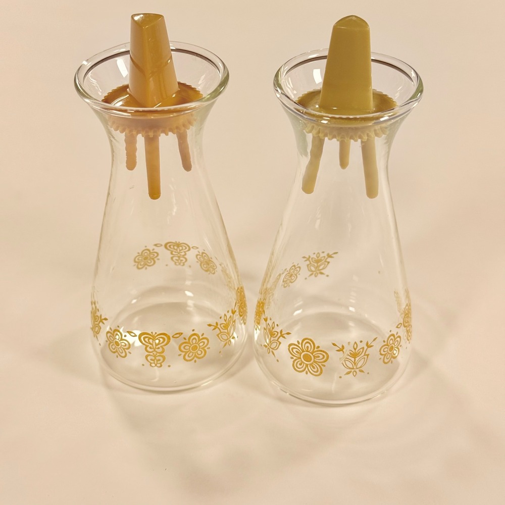 Vintage Pyrex Butterfly Gold Salt and Pepper Shakers Clear Glass Set 1970s MCM